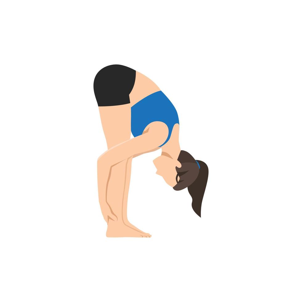 Woman doing Standing Forward Fold Pose, Intense Stretch Pose, Intense Forward Stretch, Standing Forward Bend Pose, Hand to Leg Pose. Uttanasana. Flat vector illustration isolated on white background