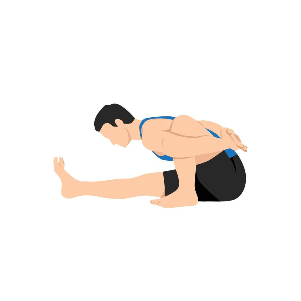 hombre haciendo pose de giro sabio, pose de marichi, pose de giro espinal sentado con una sola pierna. marichyasana. ilustración vectorial plana aislada sobre fondo blanco vector