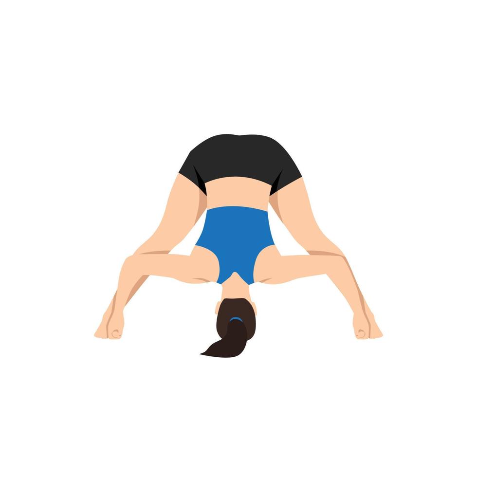 Woman doing intense Leg Stretch Pose D, Wide Legged Forward Fold Pose D, Standing Straddle Forward Bend D, Wide Angle Forward Fold D.Prasarita Padottanasana. Flat vector illustration