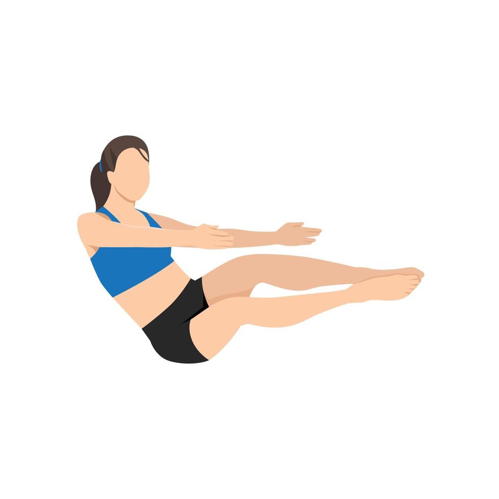 Woman doing Listing boat pose. Flat vector illustration isolated on white background