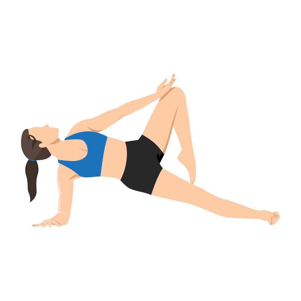 Woman doing Side plank with tree legs exercise. Flat vector illustration isolated on white background