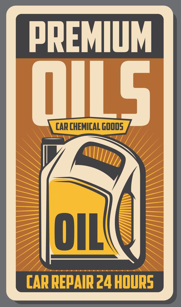 Car engine oils. Vector auto store retro poster