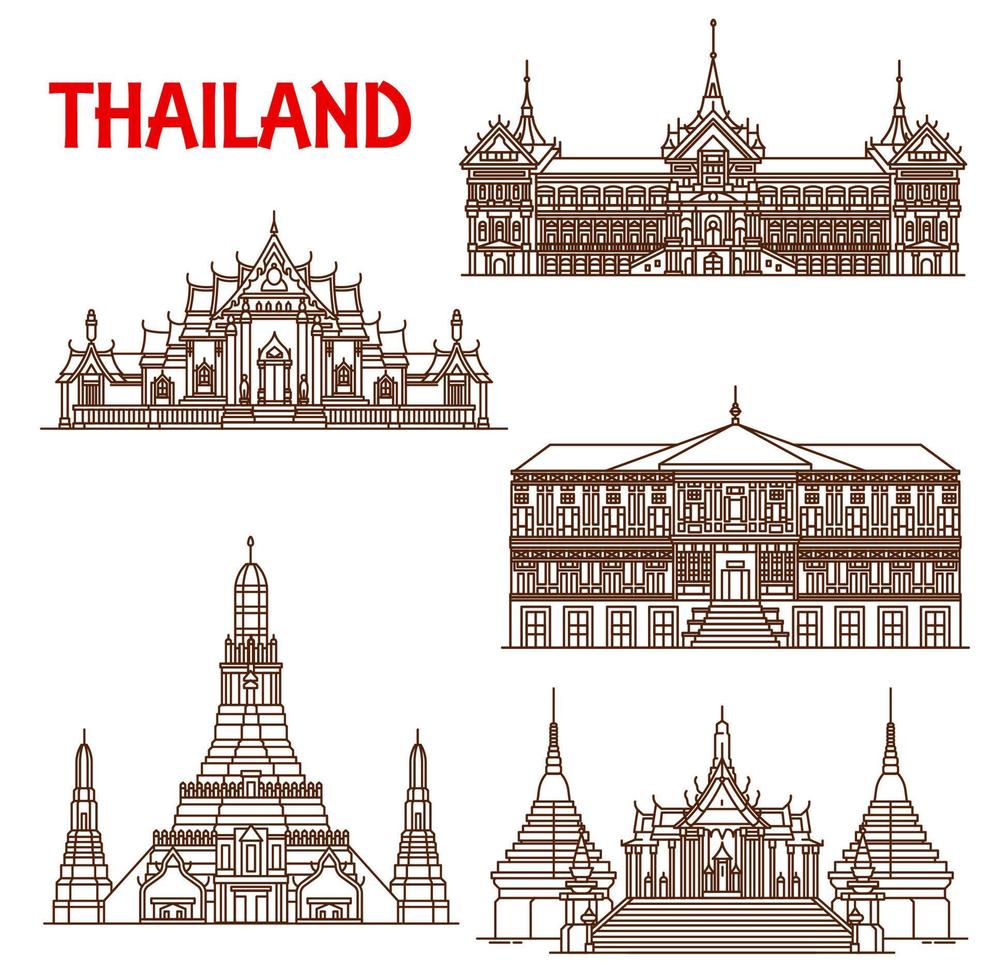 Thailand Bangkok architecture facades line icons vector