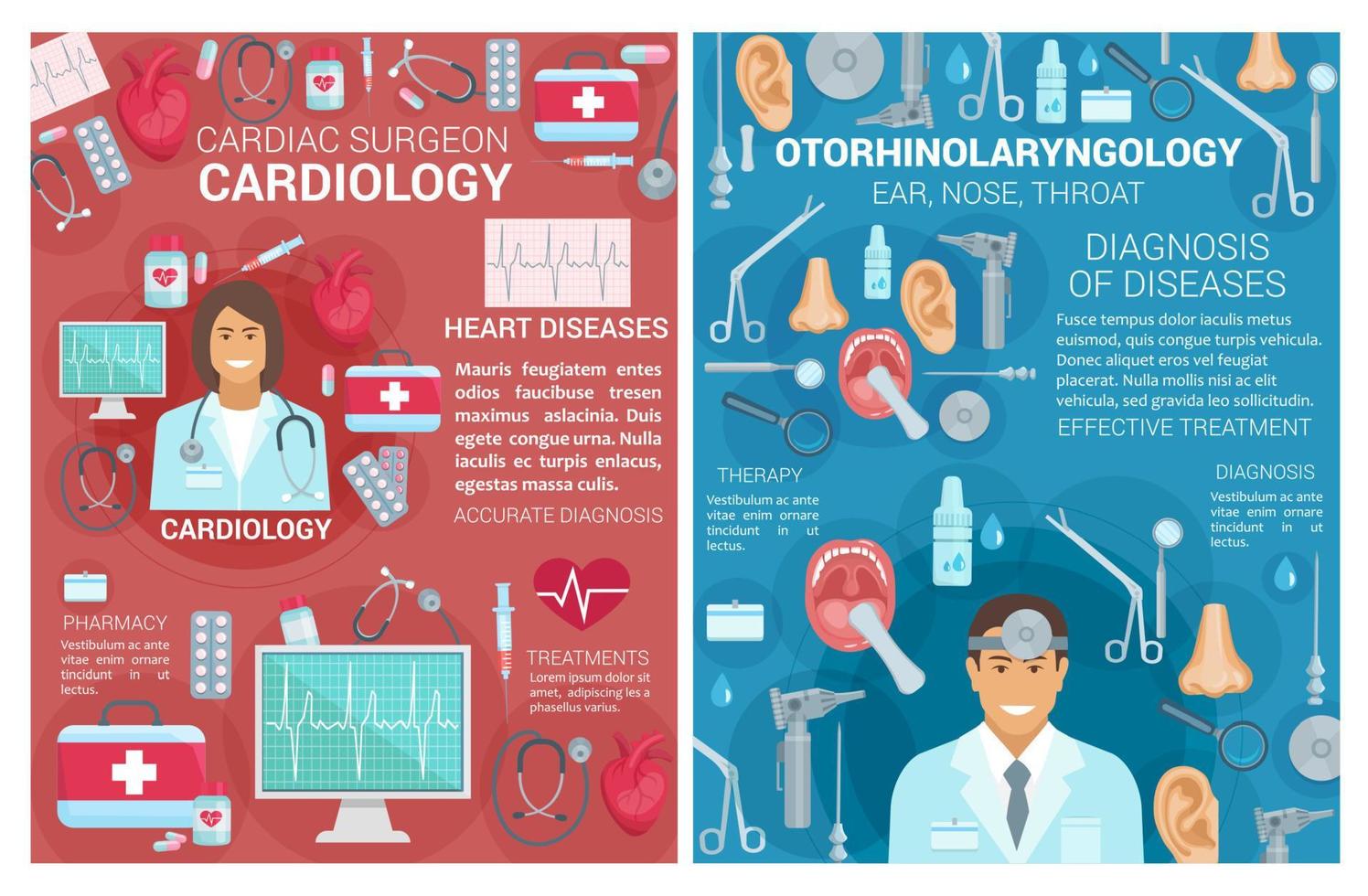 Cardiology, otolaryngology medicine clinic posters vector