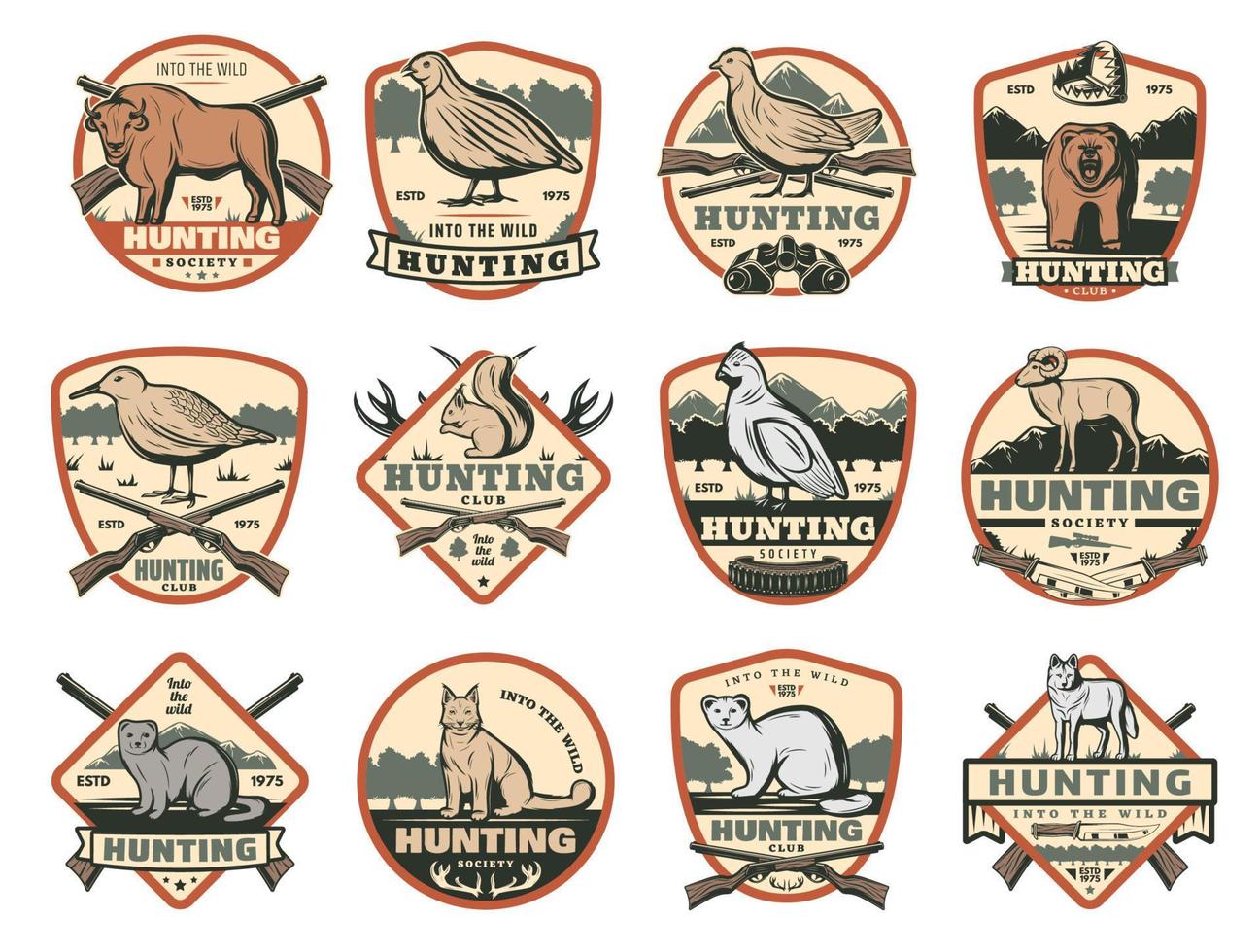 club de caza, animales salvajes e íconos de munición vector