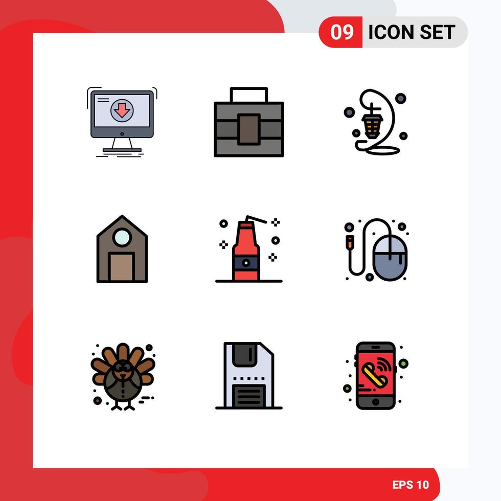 Pack of 9 creative Filledline Flat Colors of bomb school lantern learn festival Editable Vector Design Elements