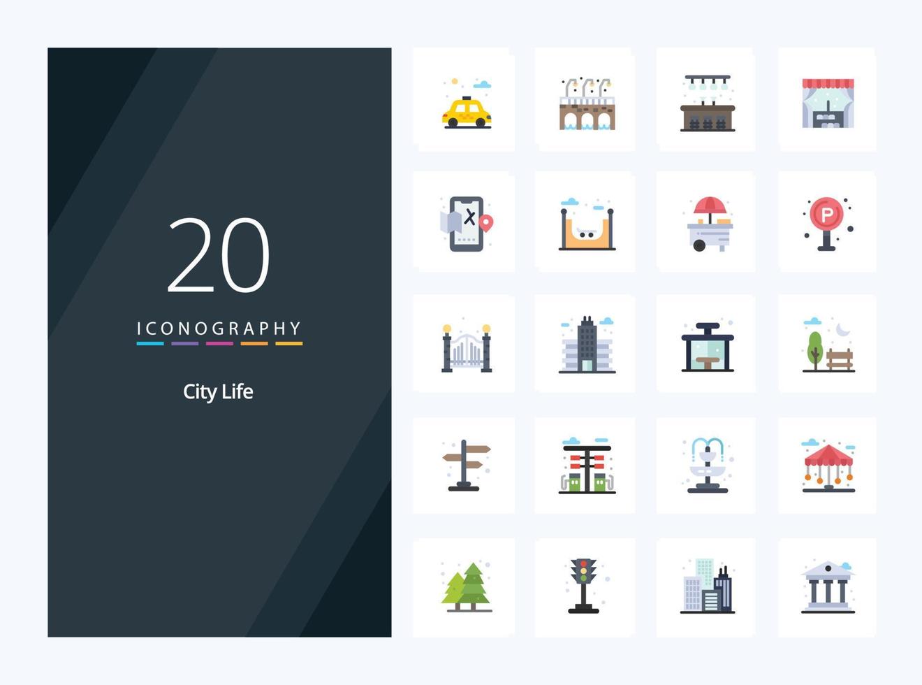 20 icono de color plano de la vida de la ciudad para la presentación vector