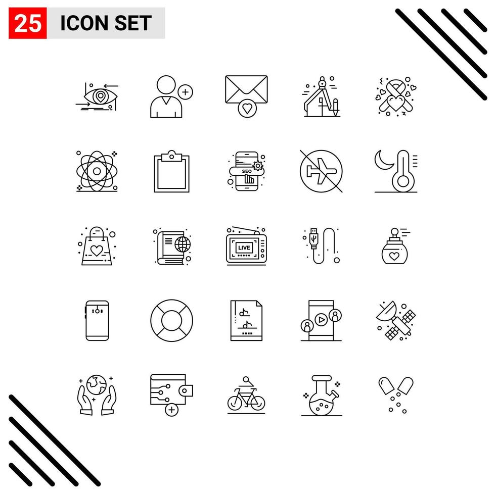 grupo de 25 líneas de signos y símbolos para el diseño gráfico de donación de correo de salud de cinta elementos de diseño vectorial editables vector