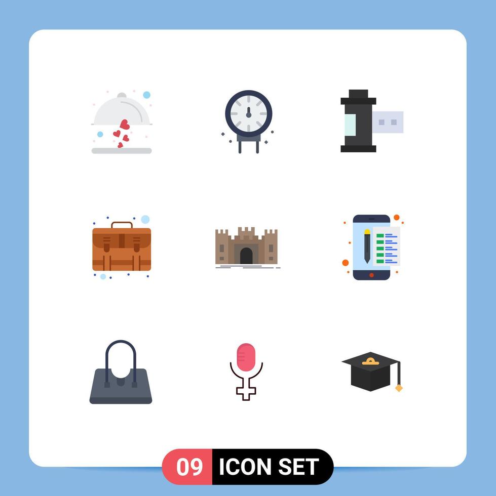 Flat Color Pack of 9 Universal Symbols of castle suitcase camera case services Editable Vector Design Elements