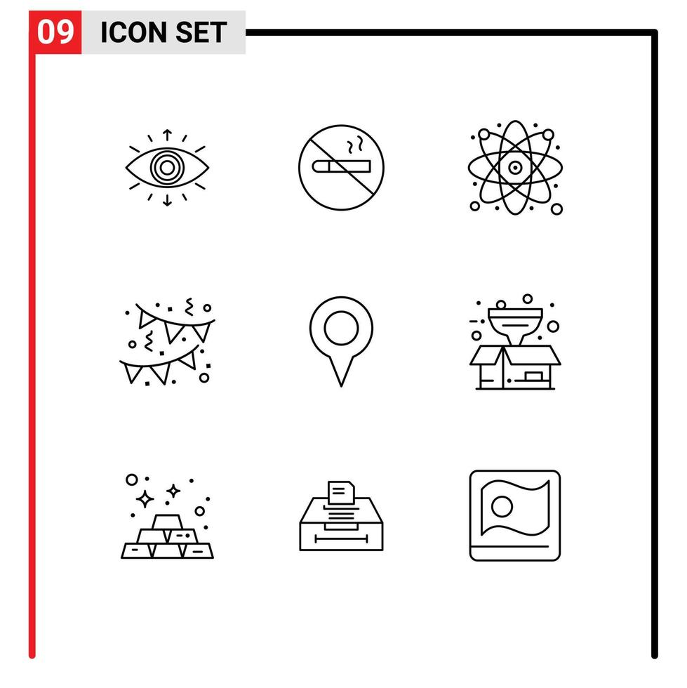 Paquete de 9 esquemas de interfaz de usuario de signos y símbolos modernos de elementos de diseño vectorial editables de cumpleaños de fiesta de investigación de ubicación geográfica de mapa vector