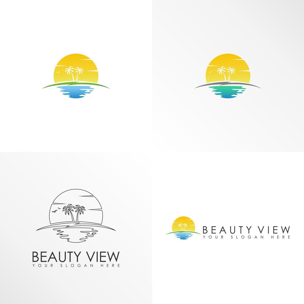 tierra, sol y árbol en la tarde alrededor de la playa imagen icono gráfico diseño de logotipo concepto abstracto vector stock. se puede usar como un símbolo relacionado con paisajes o viajes