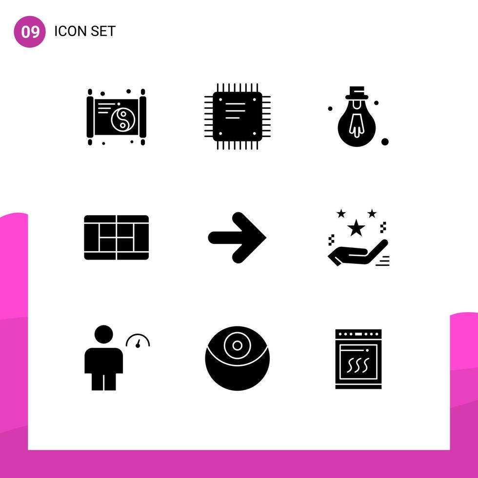 Mobile Interface Solid Glyph Set of 9 Pictograms of right forward processor arrow court Editable Vector Design Elements