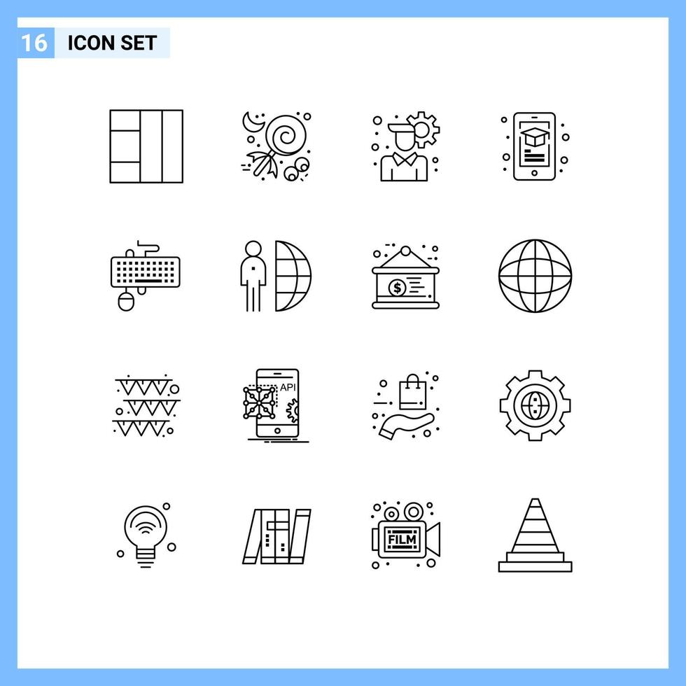 paquete de esquema de 16 símbolos universales de interfaz de configuración de usuario de teclado obsoleto elementos de diseño de vector editable de teléfono inteligente
