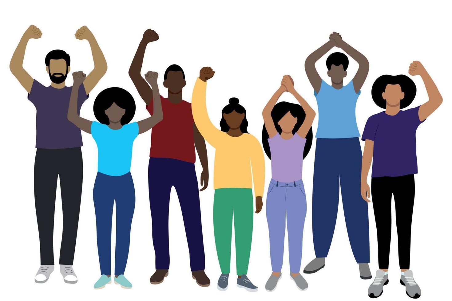 Group of young black people with hands raised up, protest against discrimination, flat vector, isolate on white, black history month vector