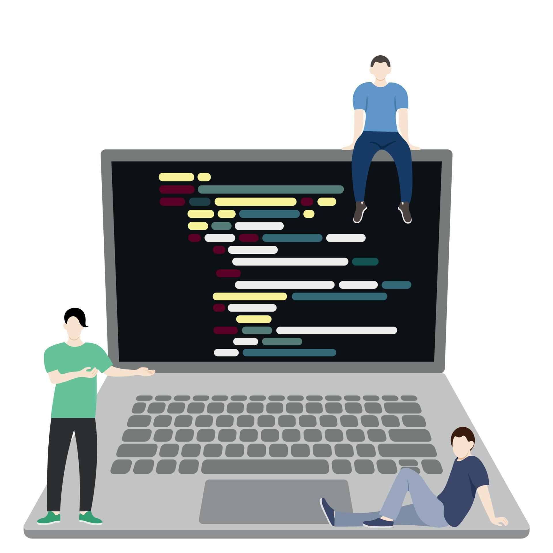 Three little guys near a big laptop, programmers, isolate on white ...