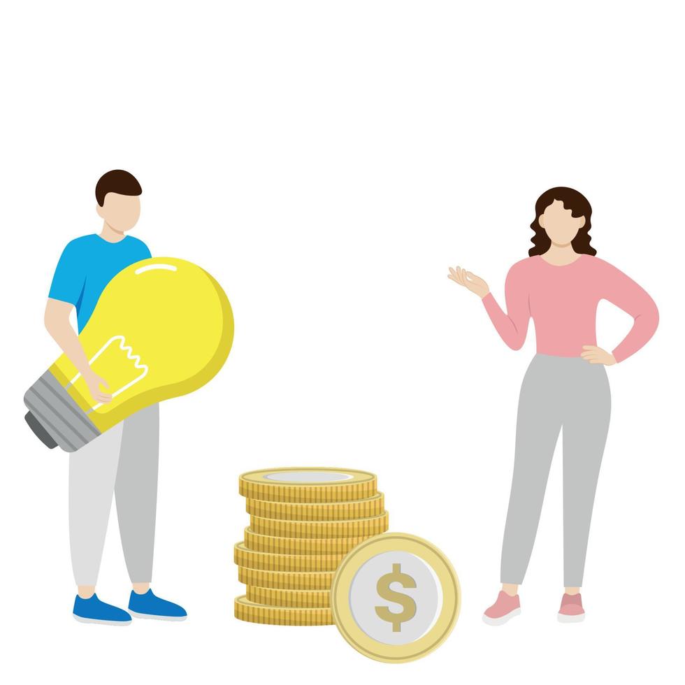 A small guy in full growth with a large light bulb in his hands, a girl stands near a stack of large yellow coins, flat vector, isolate on white, electricity, energy resource vector