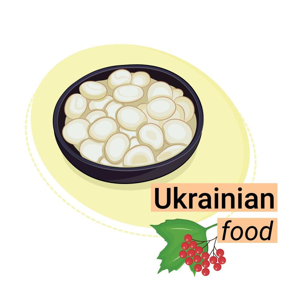 Dish of national Ukrainian cuisine, galushky, dumplings in a clay plate, boiled dough, flat vector, isolate on white, inscription Ukrainian food, sticker vector