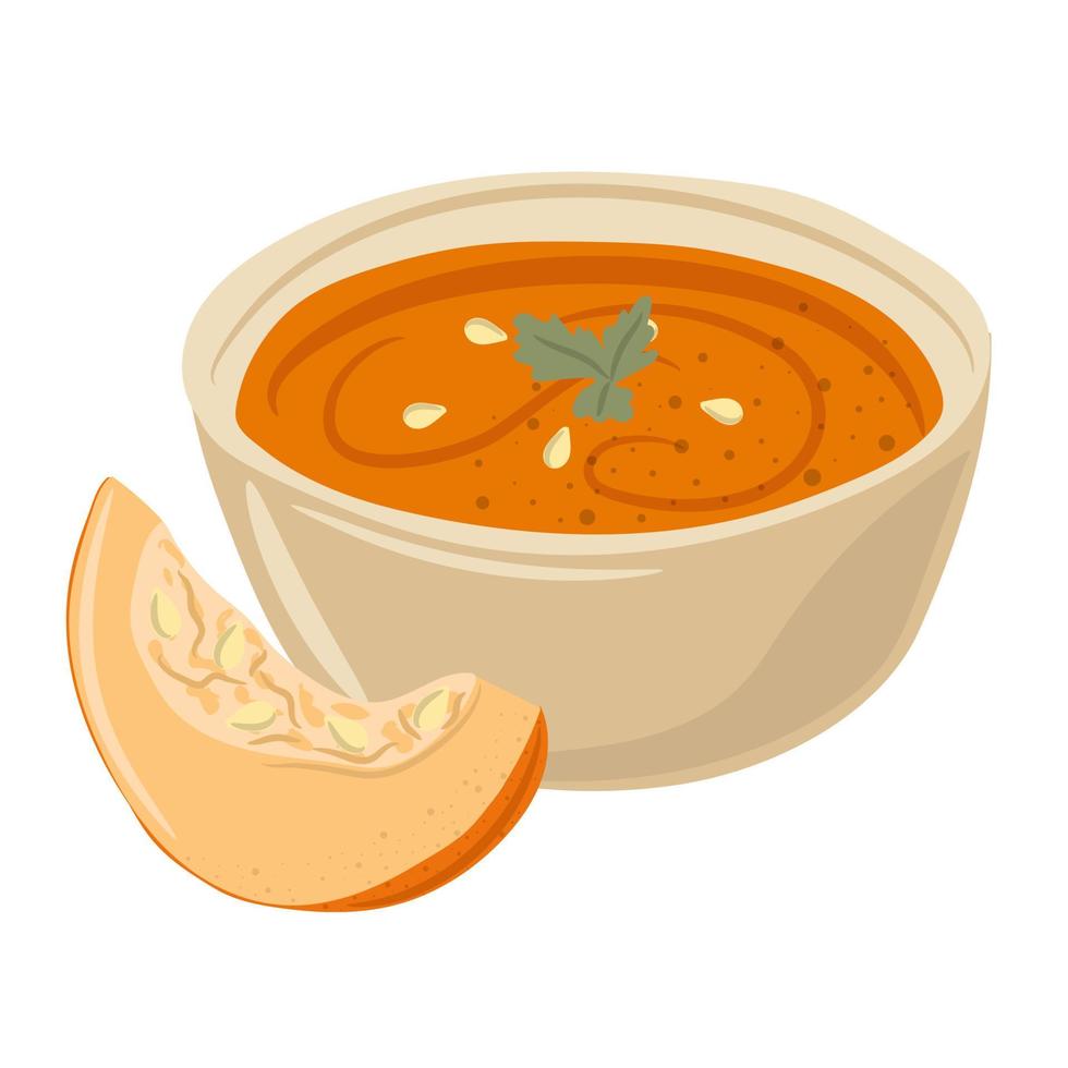 sopa de crema de calabaza en un bol y parte de calabaza, comida tradicional de acción de gracias vector