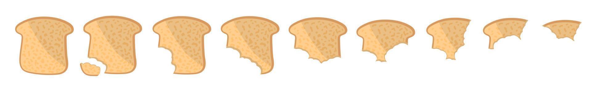 Toasted White bread pieces, whole and bitten bread piece vector