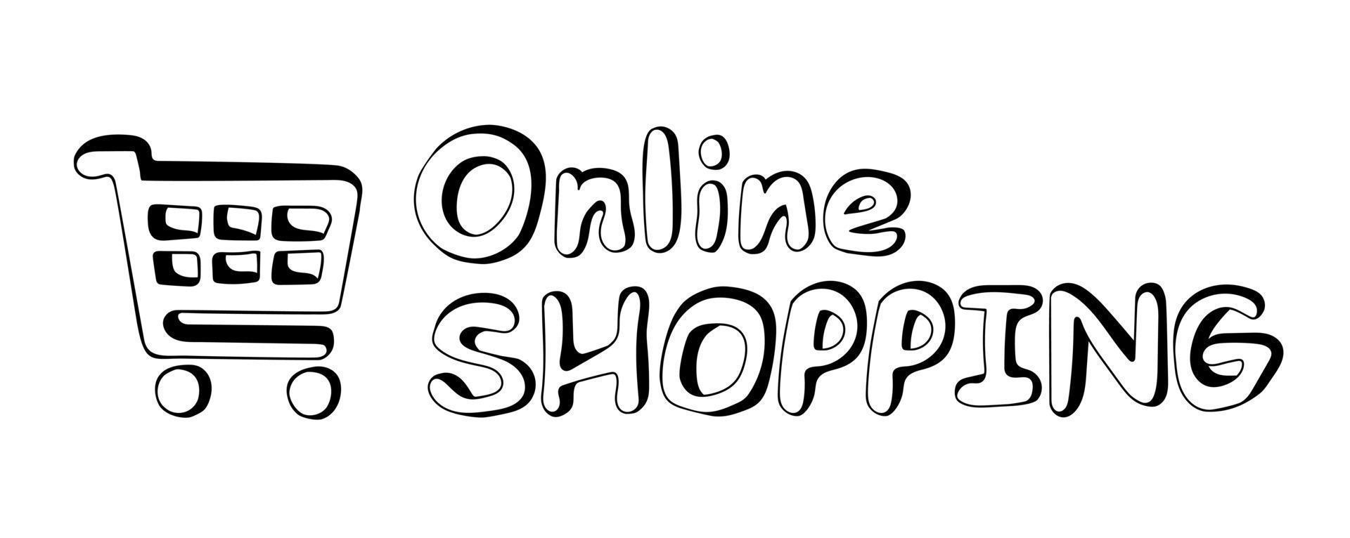 Hand drawn online shopping text and shopping cart icon in doodle style vector