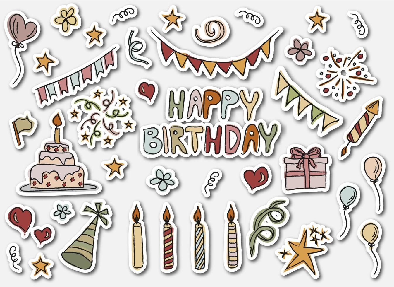 Birthday colorful stickers set in  doodle style vector