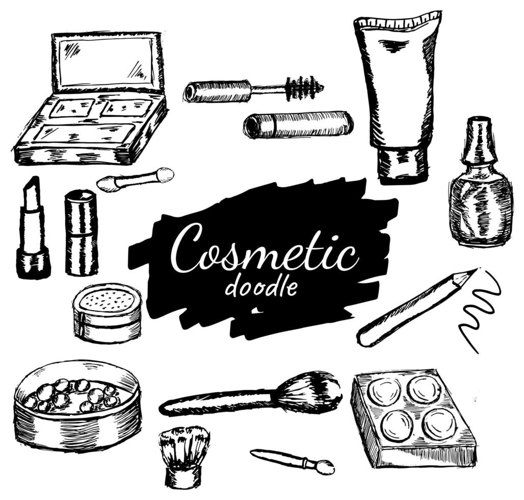 belleza y maquillaje, productos para el cuidado de la piel, cosméticos dibujados a mano ilustración de garabatos vector