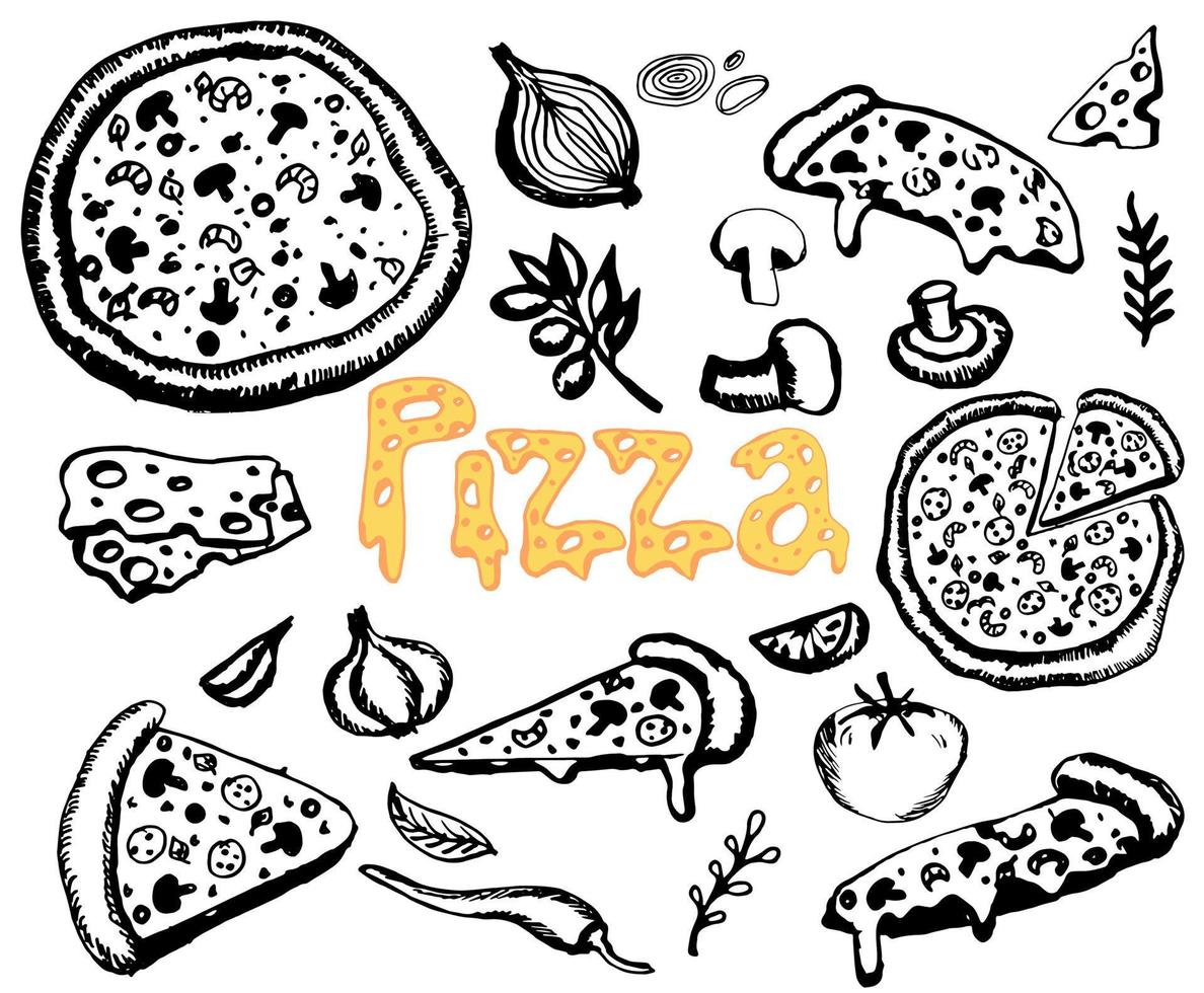 Pizza doodle black line set. Italian hand drawn pizzas with mushrooms, pepper, tomato, olive, cheese vector