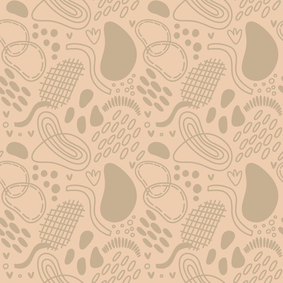 Vector seamless pattern. Abstract repetitive ornament for surface design, printing on paper and fabric. Handdrawn waves, shapes, circles, flowers, leaves, branches. Background for social media post.