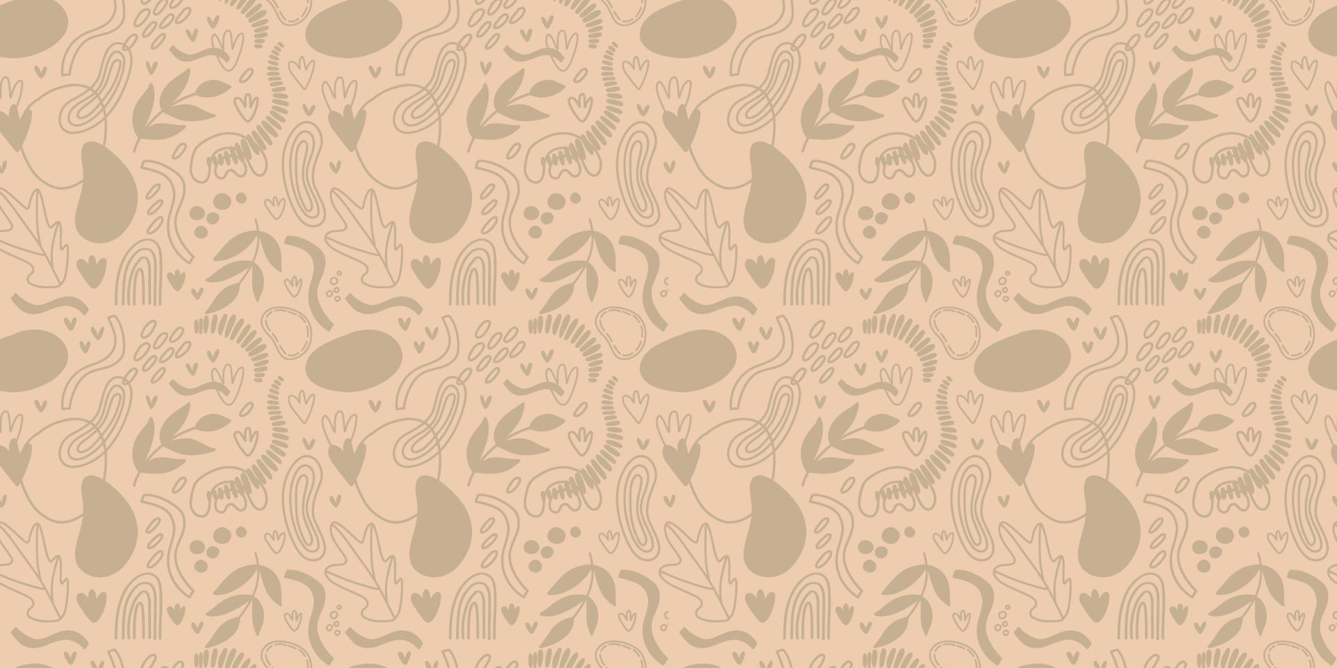 Vector seamless pattern. Abstract repetitive ornament for surface design, printing on paper and fabric. Handdrawn waves, shapes, circles, flowers, leaves, branches. Background for social media post.