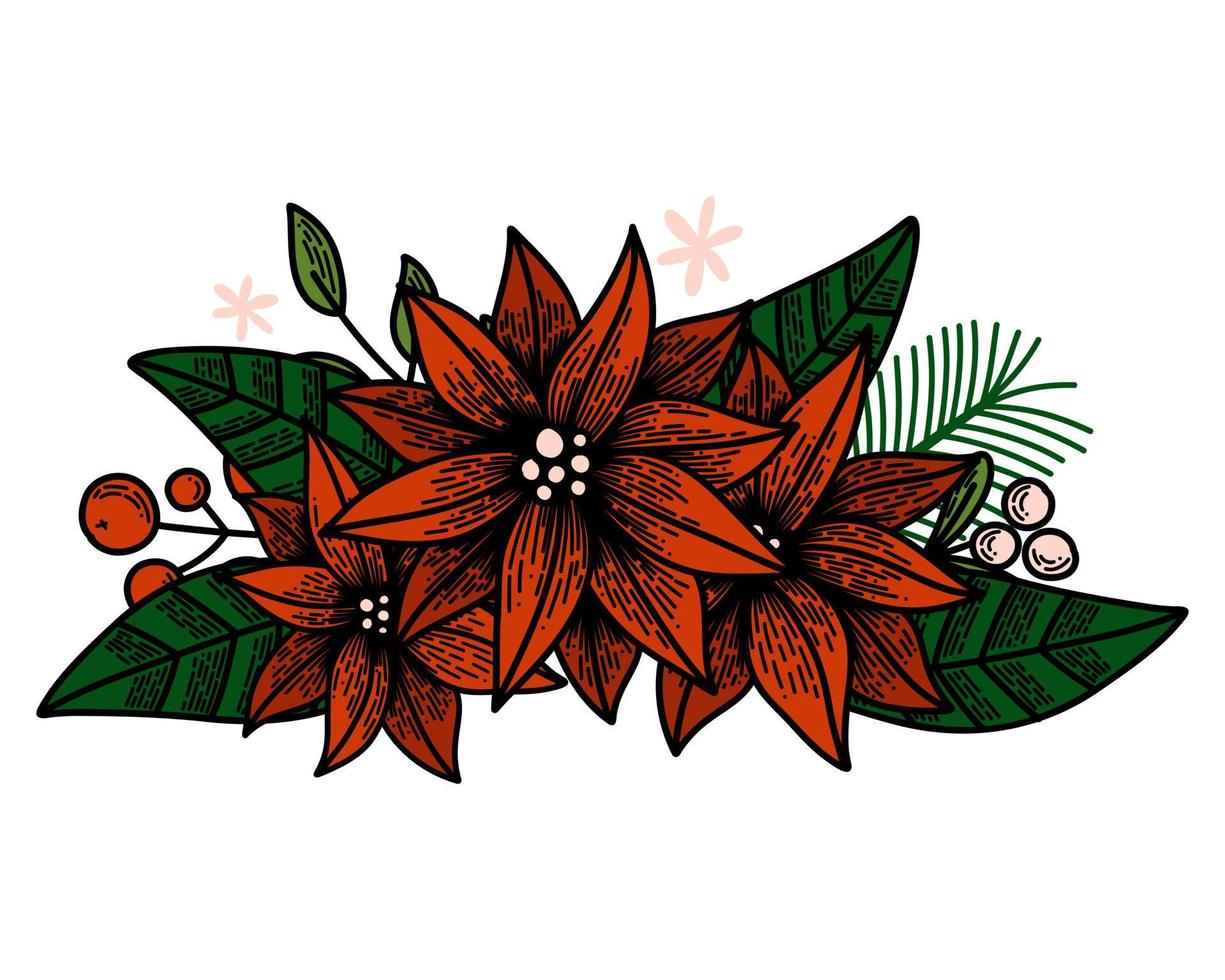 Flower composition with Christmas plants. Herbs decoration for New Year. Vector linear. Fir tree, mistletoe, poinsettia, holly, pine cone icons. Winter flowers for holiday season design.