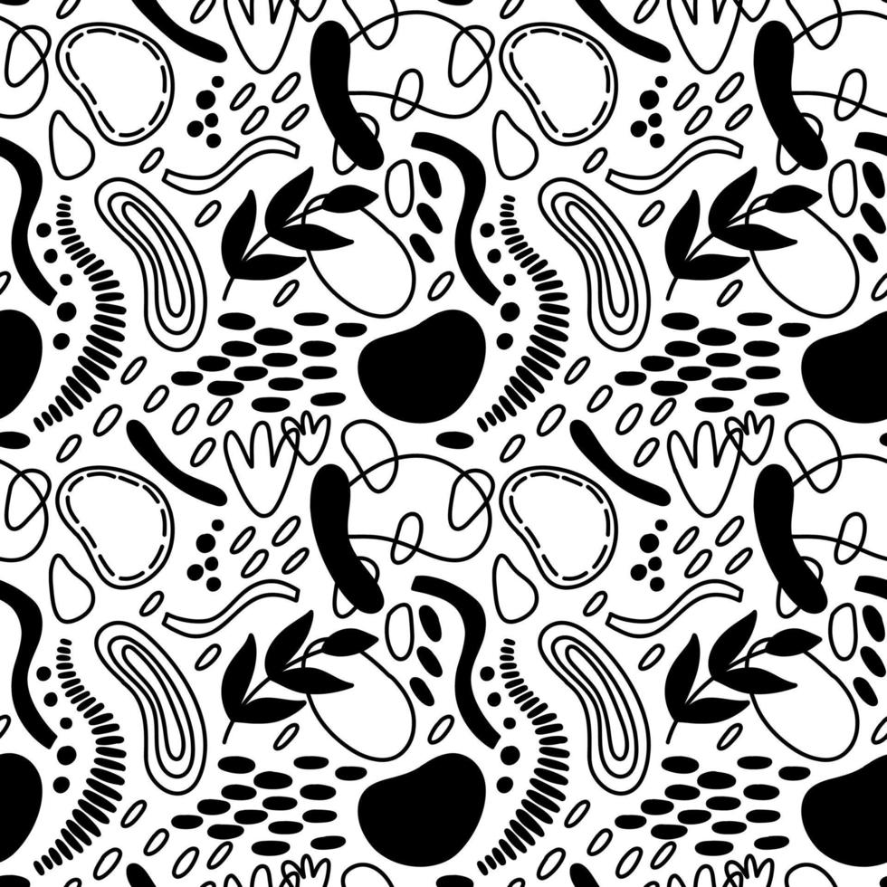 Vector seamless pattern. Abstract repetitive ornament for surface design, printing on paper and fabric. Handdrawn waves, shapes, circles, flowers, leaves, branches. Background for social media post.