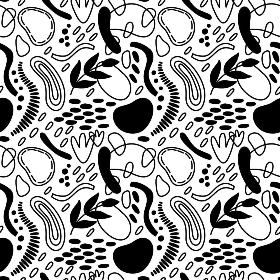 Vector seamless pattern. Abstract repetitive ornament for surface design, printing on paper and fabric. Handdrawn waves, shapes, circles, flowers, leaves, branches. Background for social media post.