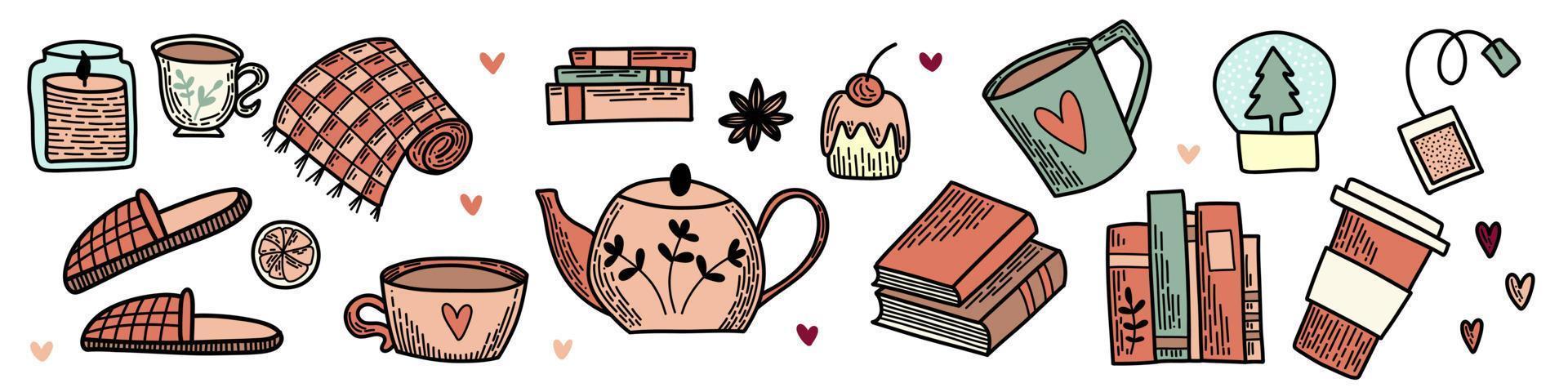 Line art set of vector elements. Pack of flat icons. Winter Hygge collection, symbol of snow, outside sports and cozy home time. Hand drawn doodle outline design for package, banners and cards.