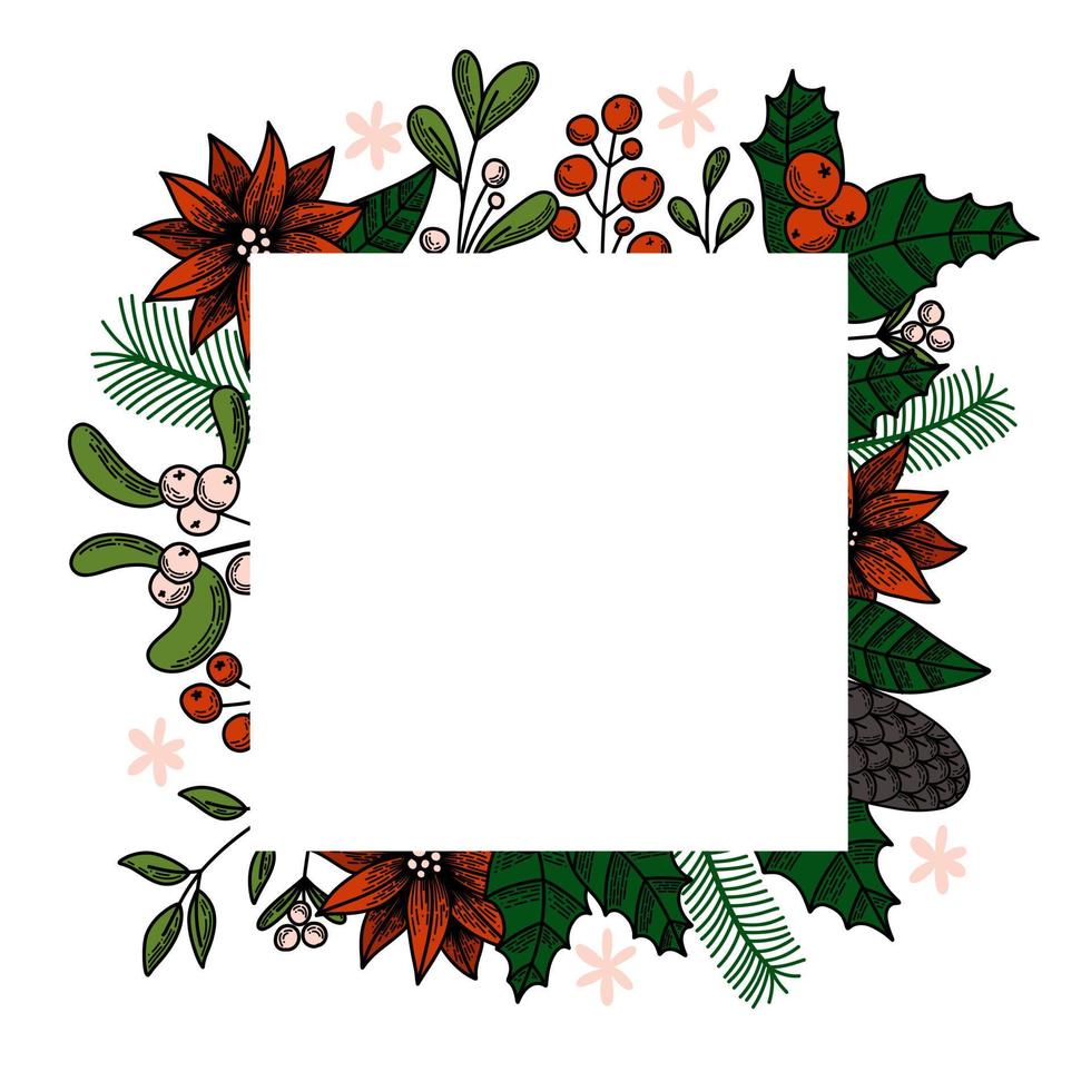 Frame with Christmas plants. Herbs decoration for New Year. Vector linear set of elements. Fir tree, mistletoe, poinsettia, holly, pine cone icons. Pack of winter flowers for holiday season design.
