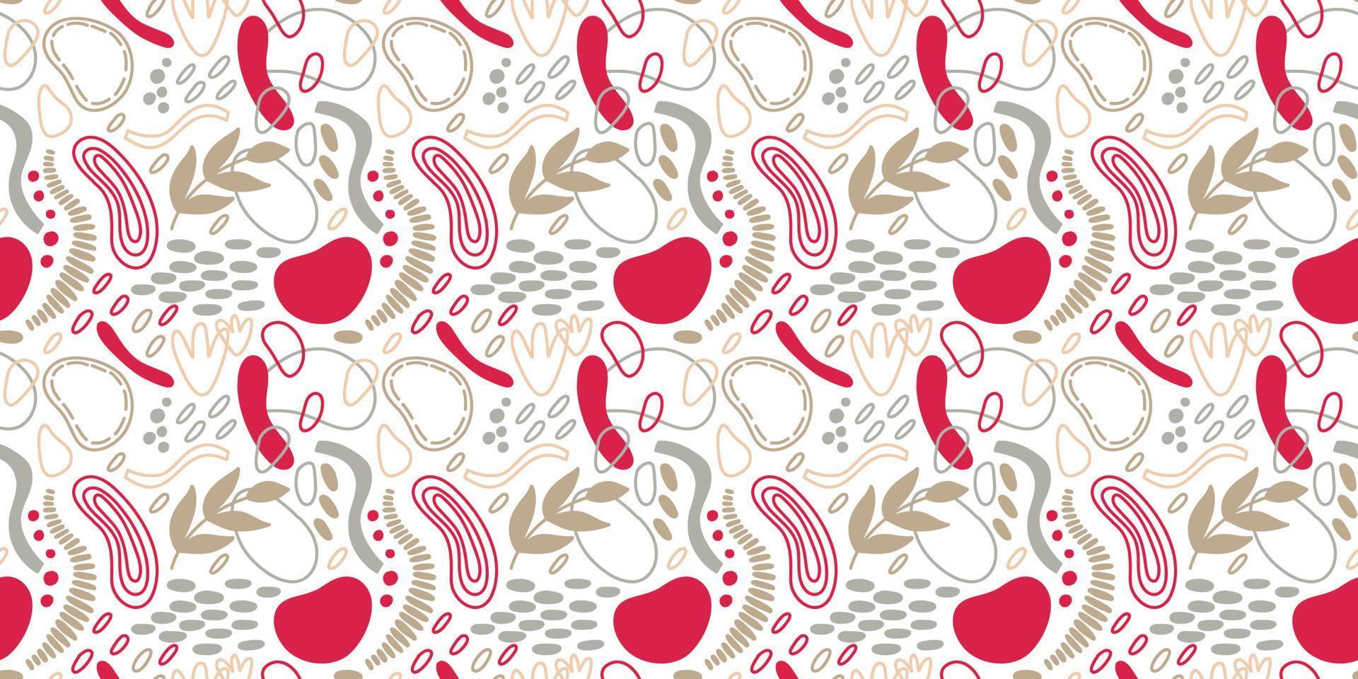 Vector seamless pattern. Abstract repetitive ornament for surface design, printing on paper and fabric. Handdrawn waves, shapes, circles, flowers, leaves, branches. Background for social media post.