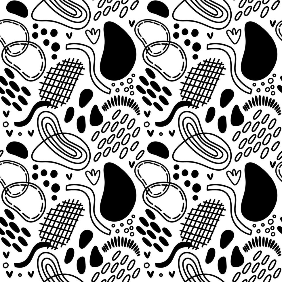 Vector seamless pattern. Abstract repetitive ornament for surface design, printing on paper and fabric. Handdrawn waves, shapes, circles, flowers, leaves, branches. Background for social media post.