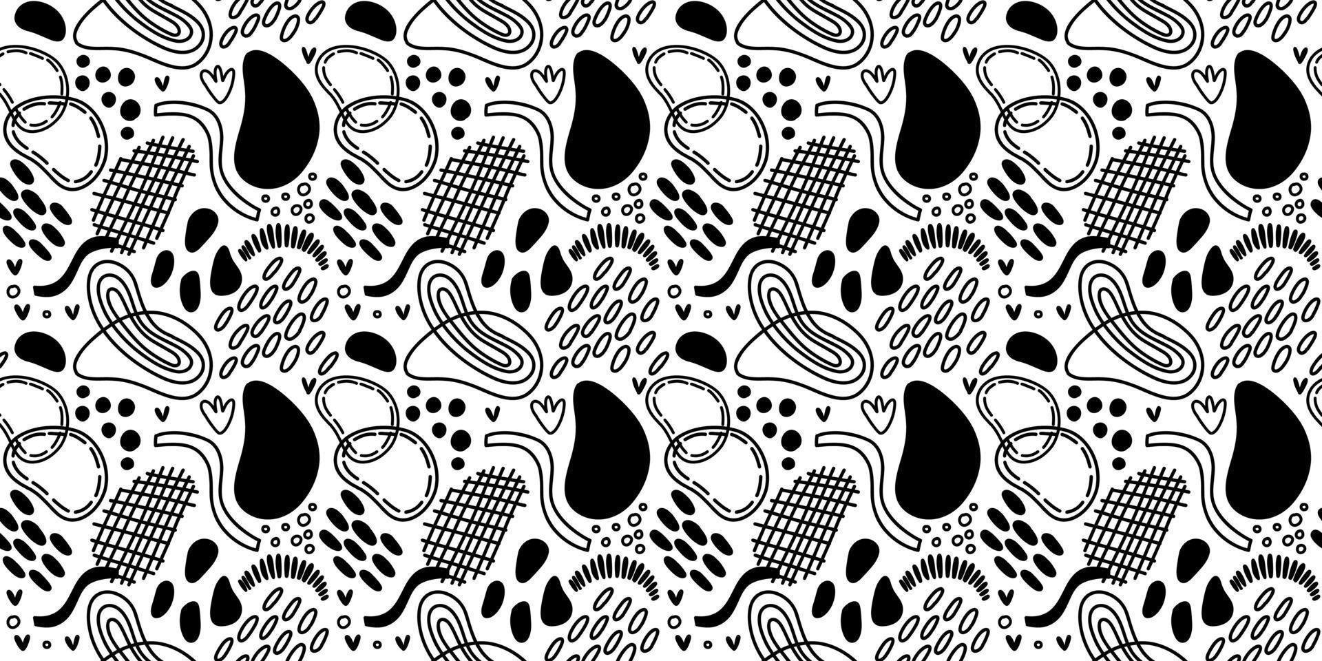 Vector seamless pattern. Abstract repetitive ornament for surface design, printing on paper and fabric. Handdrawn waves, shapes, circles, flowers, leaves, branches. Background for social media post.