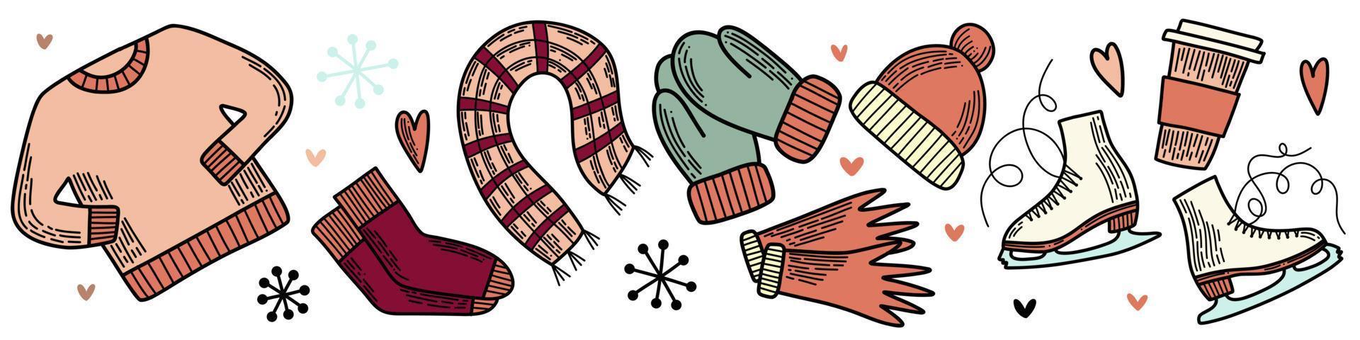 Line art set of vector elements. Pack of flat icons. Winter Hygge collection, symbol of snow, outside sports and cozy home time. Hand drawn doodle outline design for package, banners and cards.