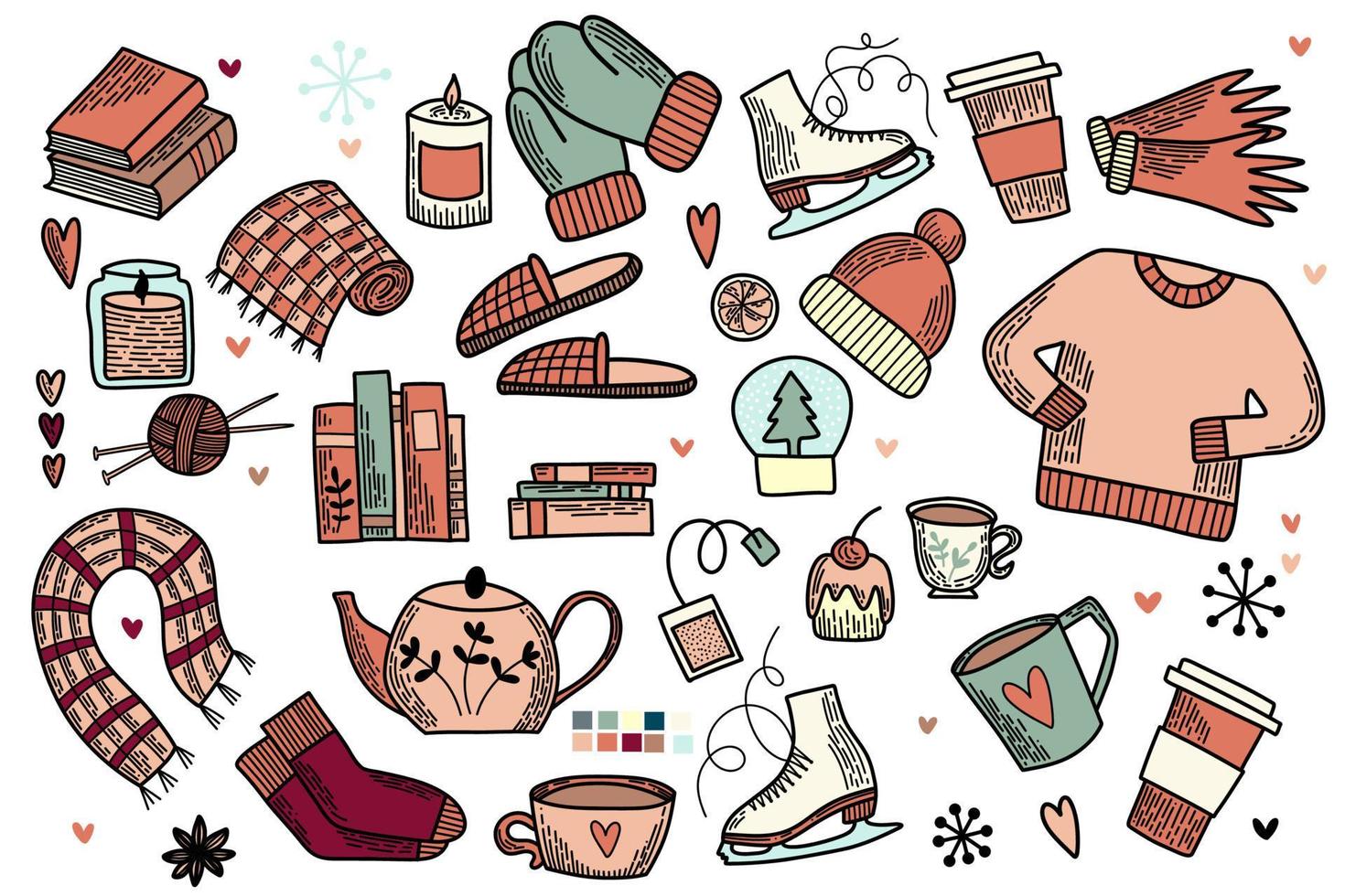 Line art set of vector elements. Pack of flat icons. Winter Hygge collection, symbol of snow, outside sports and cozy home time. Hand drawn doodle outline design for package, banners and cards.