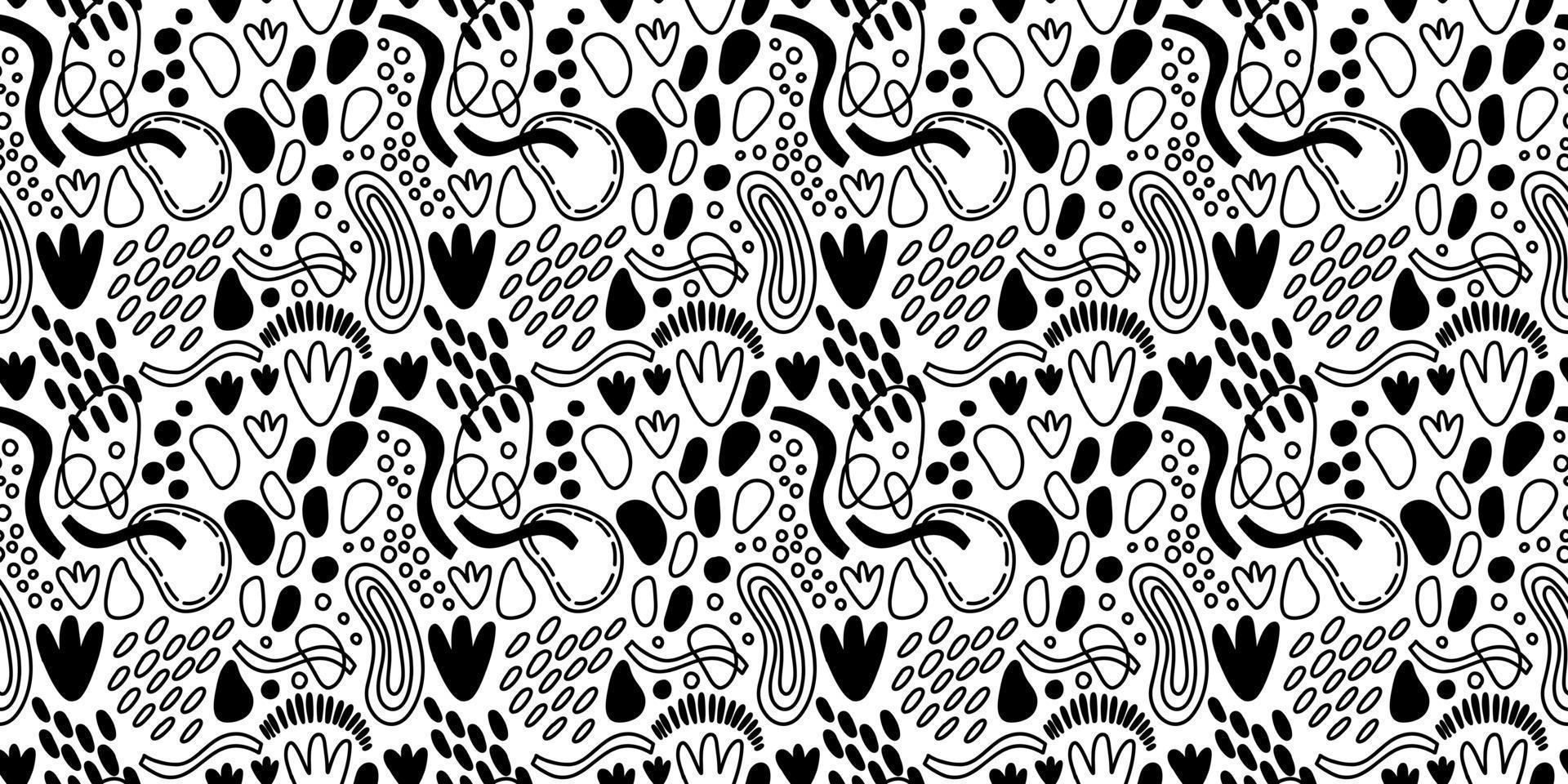 Vector seamless pattern. Abstract repetitive ornament for surface design, printing on paper and fabric. Handdrawn waves, shapes, circles, flowers, leaves, branches. Background for social media post.