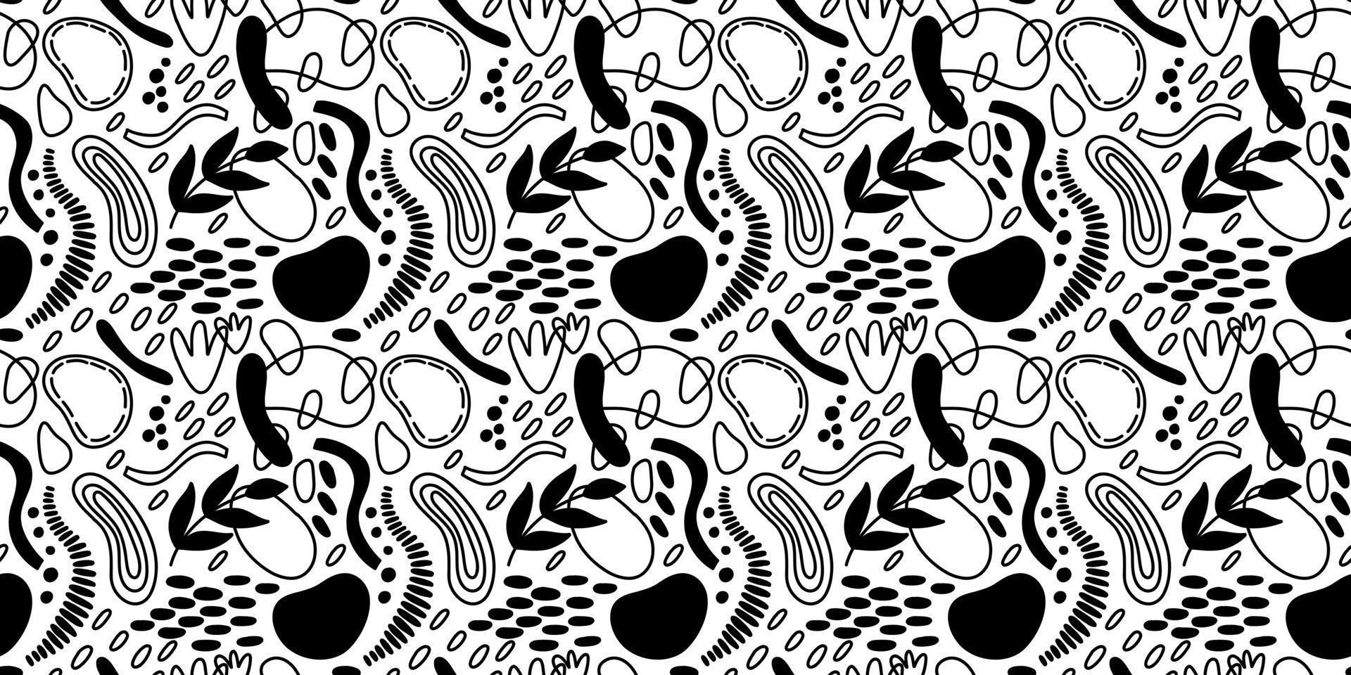 Vector seamless pattern. Abstract repetitive ornament for surface design, printing on paper and fabric. Handdrawn waves, shapes, circles, flowers, leaves, branches. Background for social media post.