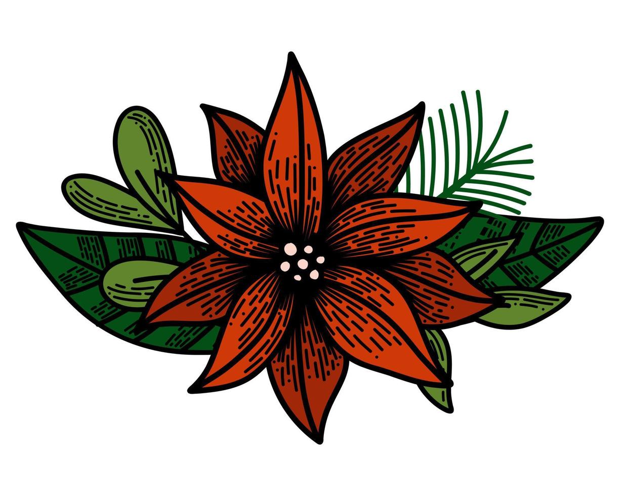 composición floral con plantas navideñas. decoración de hierbas para año nuevo. lineal vectorial. abeto, muérdago, poinsettia, acebo, íconos de cono de pino. flores de invierno para el diseño de la temporada de vacaciones. vector