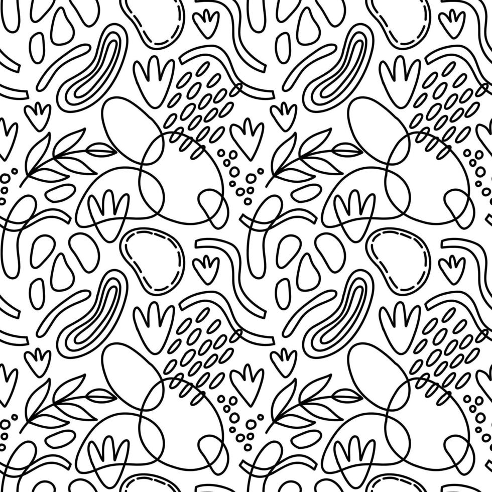 Vector seamless pattern. Abstract repetitive ornament for surface design, printing on paper and fabric. Handdrawn waves, shapes, circles, flowers, leaves, branches. Background for social media post.