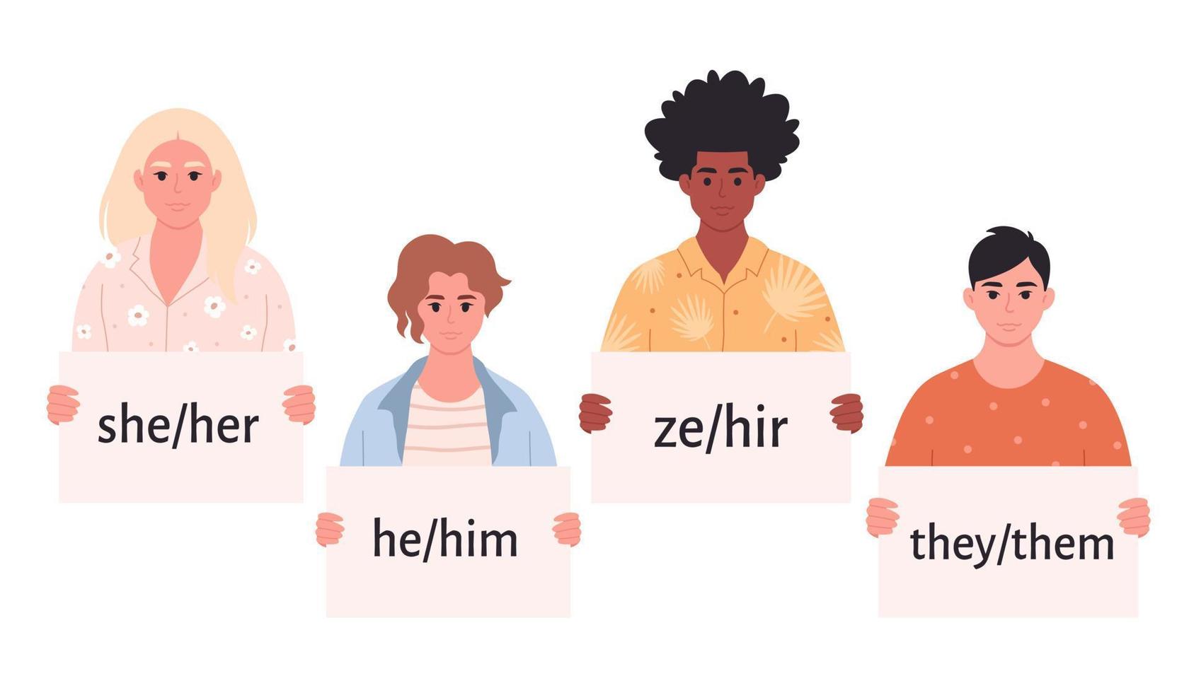 jóvenes con cartel con pronombres de género. ella, él, ellos, ze, no binario. movimiento de género neutral. comunidad lgbtq. vector