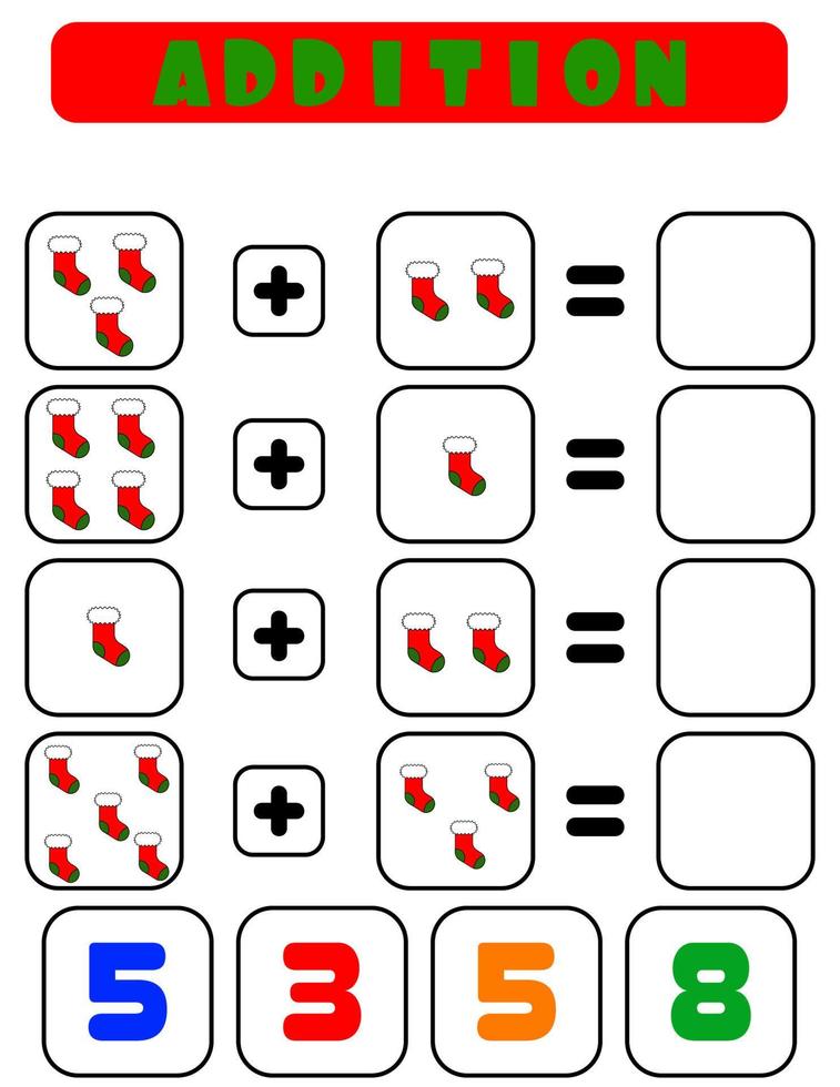 Addition of socks . A task for children. Educational development sheet. Color activity page. A game for children. Funny character.  Cartoon style vector