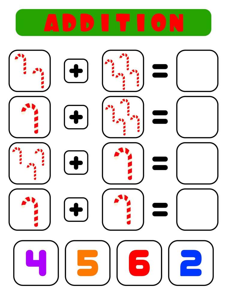 adición de dulces. una tarea para los niños. hoja de desarrollo educativo. página de actividades de colores. un juego para niños. estilo de dibujos animados vector