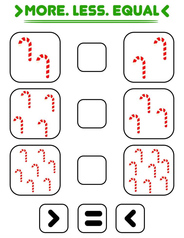 Compare the number of candy. Write the sign more , less, equal. Teaching children. Education for kindergarten. vector