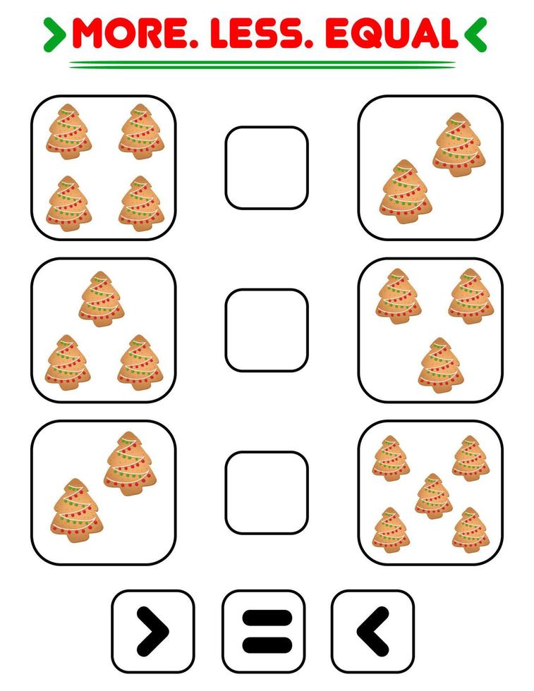 Compare the number of ginger tree. Write the sign more , less, equal. Teaching children. Education for kindergarten. vector