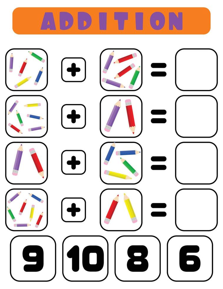 Addition of pencils. A task for children. Educational development sheet. Color activity page. A game for children. Funny character.  Cartoon style. vector