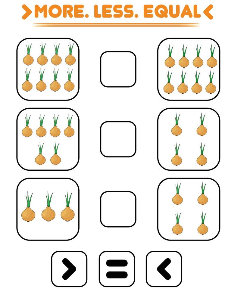 Compare the number of onions. Write the sign more , less, equal. Teaching children. Education for kindergarten. vector